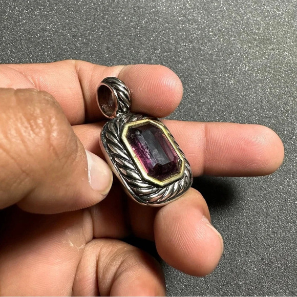 Silver Tone Purple Amethyst Like Gem Stone Rectangular Pendant Costume Jewelry - Picture 3 of 8